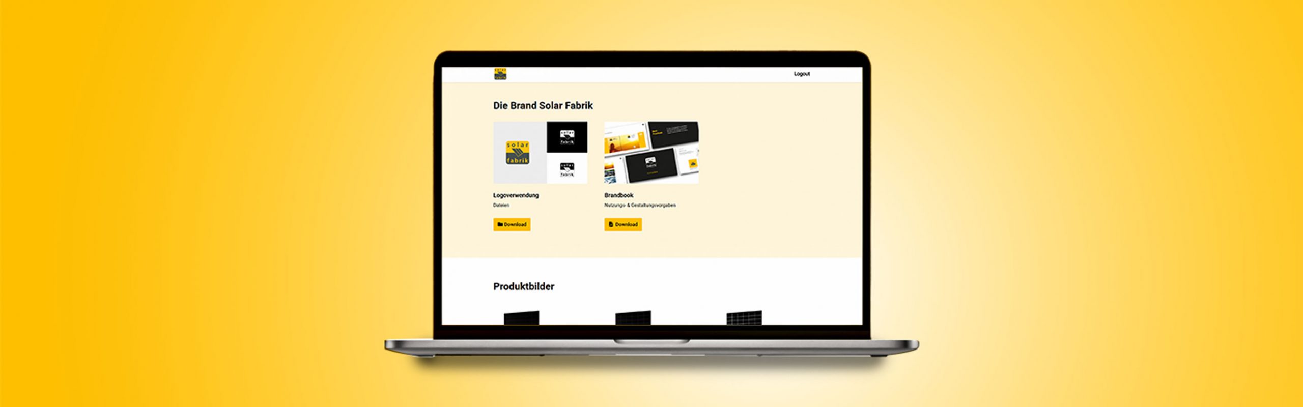 Laptop Mockup mit Downloadseite gelber Hintergrundverlauf